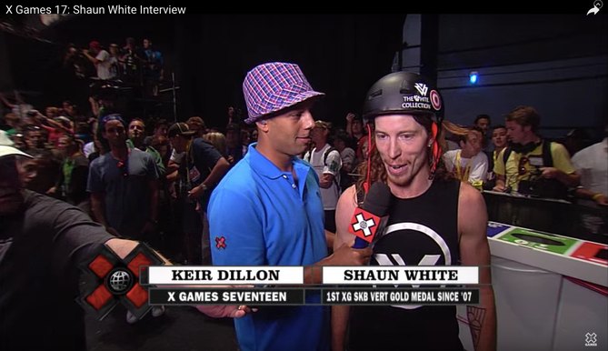 Keir Dillon interviewing Shaun White as an ESPN X Games sideline reporter