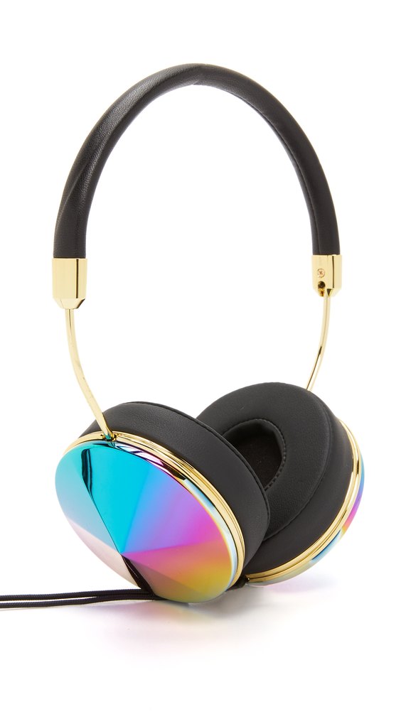 FRENDS headphones with iridescent metal ear cups and a black leather headband