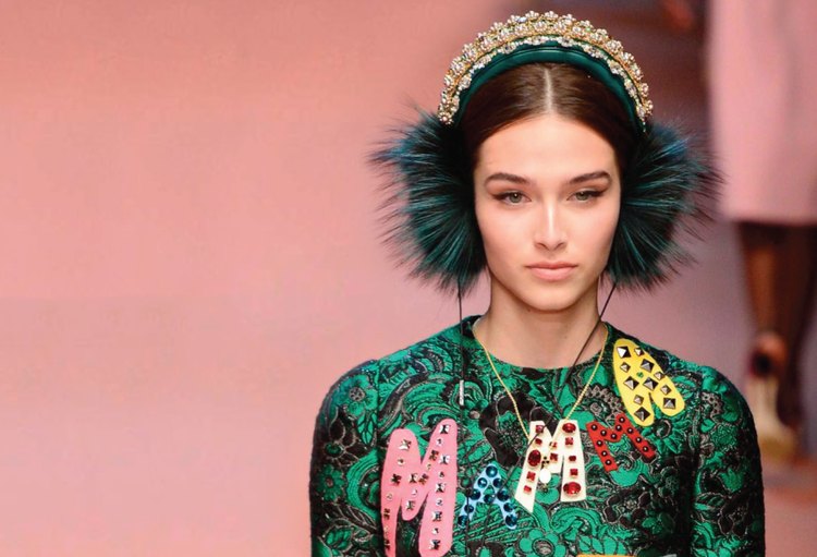 Runway photograph of jewel-encrusted headphones from the FRENDS and Dolce & Gabbana archive