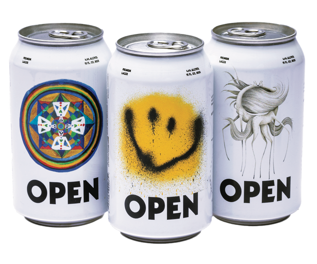 Three OPEN beer cans with distinct art-led packaging